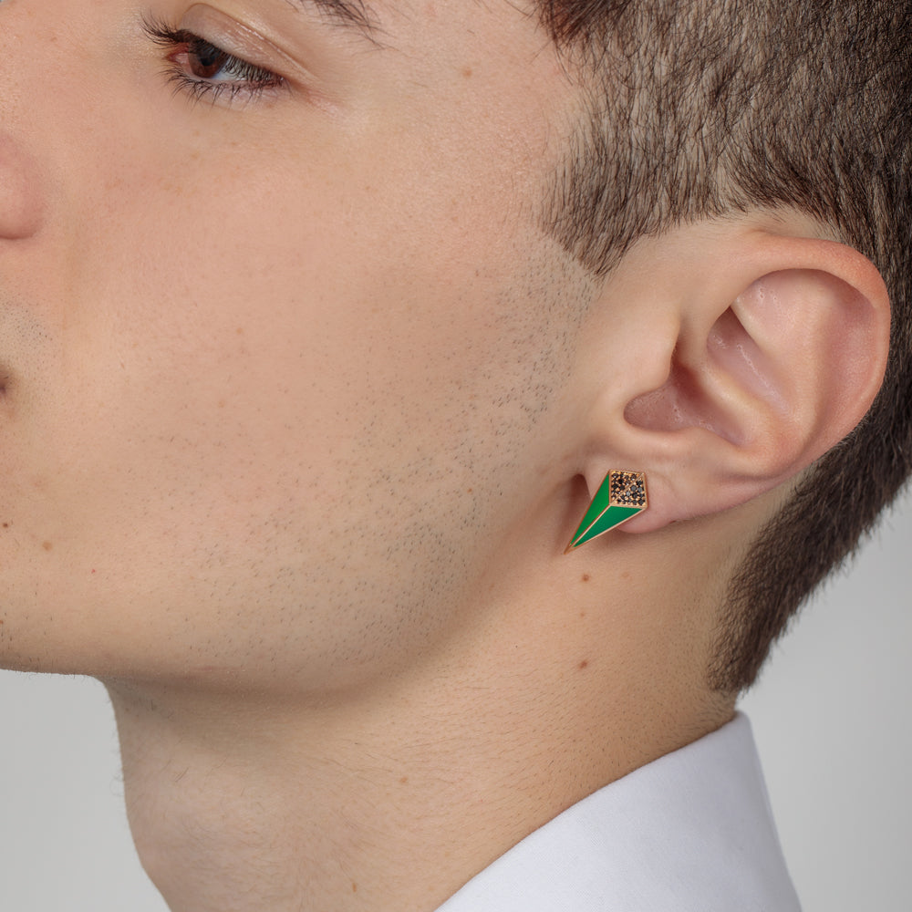 Cosmos Rose Gold Black Diamond Star Green Enamel Single Earring Stud